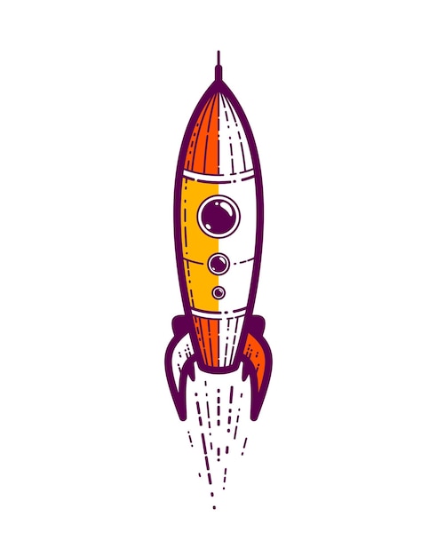 Il lancio di un razzo spaziale avvia il concetto di business o la scienza sogna viaggi nello spazio, logo vettoriale o icona o emblema in stile lineare alla moda.