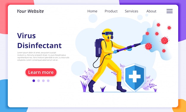 Il lavoratore disinfettante in hazmat si adatta agli spray che puliscono e disinfettano le cellule di coronavirus covid-19. disinfettare la protezione dal concetto di virus. modello di progettazione della pagina di destinazione del sito Web