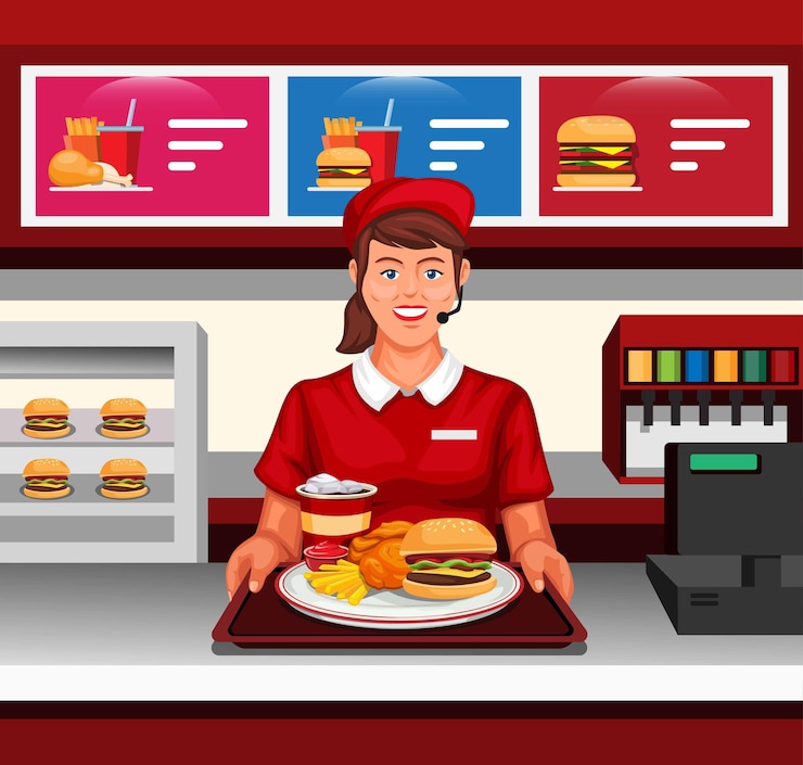 Vettore il lavoro del ristorante degli alimenti a rapida preparazione della ragazza ha servito l'ordine al concetto del cliente nell'illustrazione del fumetto