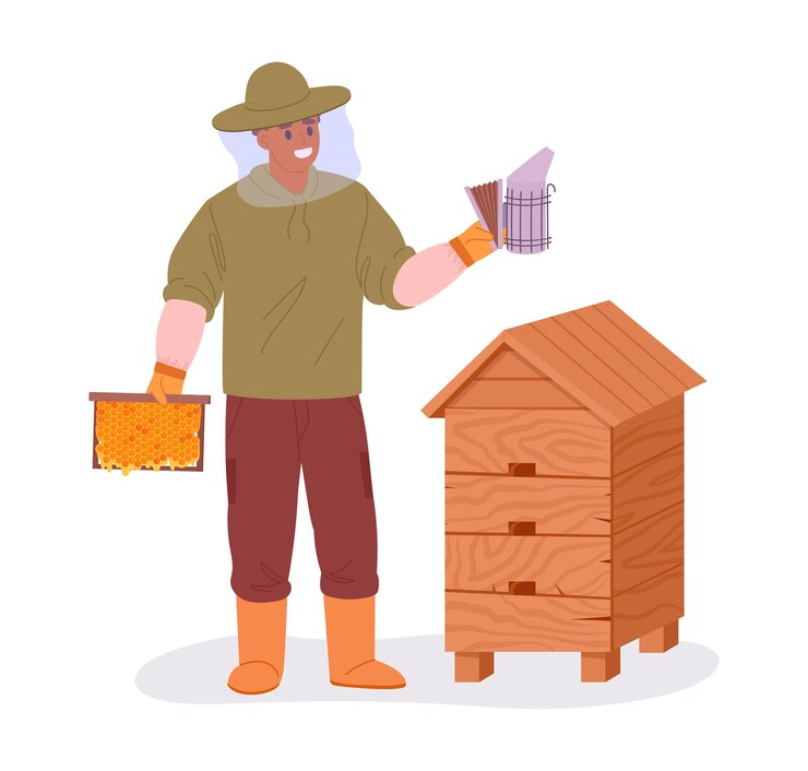 Vettore il lavoro dell'apicoltore con l'alveare d'ape piatto illustrazione vettoriale scena dell'allevatore di miele