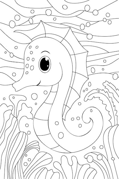 Il libro da colorare per bambini presenta una pagina di cavallucci marini perfetta per i più piccoli da colorare