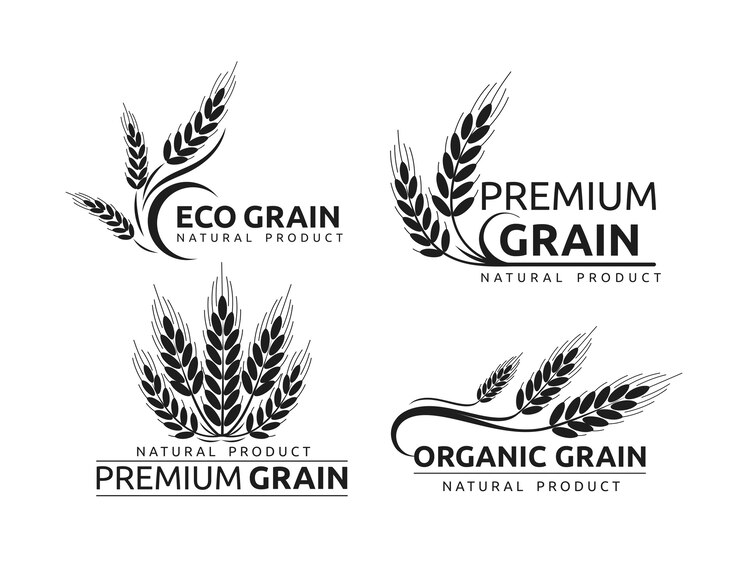 Il logotipo piatto di grano premium nei disegni di sagoma nera imposta colture di cereali biologici