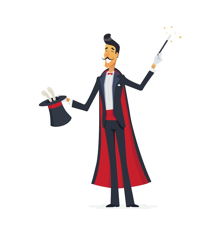 Vettore il mago che fa una tripletta - i personaggi dei cartoni animati hanno isolato l'illustrazione. mago giovane, elegante e brillante con i baffi in un vestito che si esibisce. bacchetta magica in mano