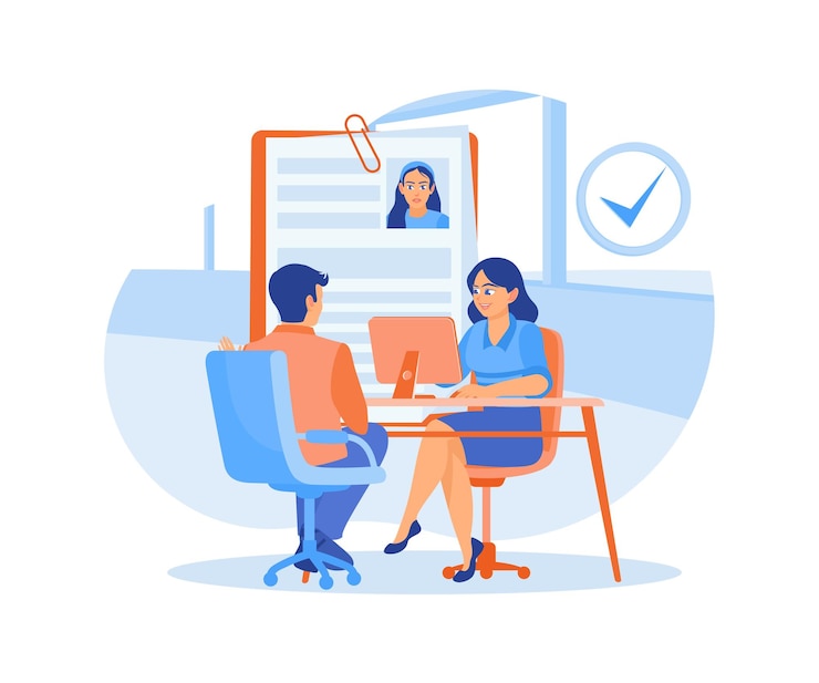 Vettore il manager delle risorse umane sta intervistando un richiedente lavoro il manager legge i dati dei candidati concetto di intervista di lavoro illustrazione vettoriale piatta