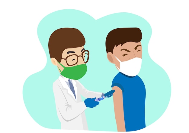 Il medico inietta un ago per il vaccino nel braccio del paziente Vaccinazione contro il virus corona Illustrazione del cartone animato vettoriale