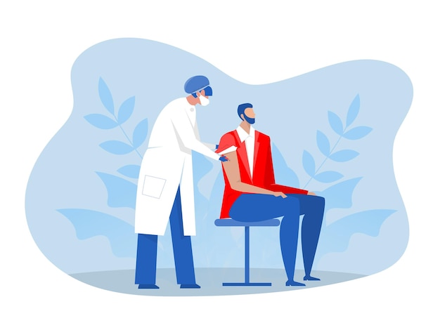 Il medico o l'infermiere che indossa una maschera protettiva inietta un vaccino in un uomo. Illustrazione piatta vettoriale
