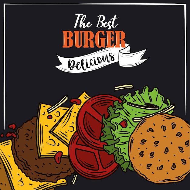 Il miglior hamburger delizioso fast food strati prodotto sfondo nero design