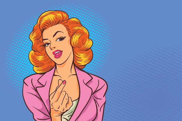 Il mini cuore di manifestazioni sexy di azione della donna di affari firma dentro lo stile dei fumetti di Pop art.