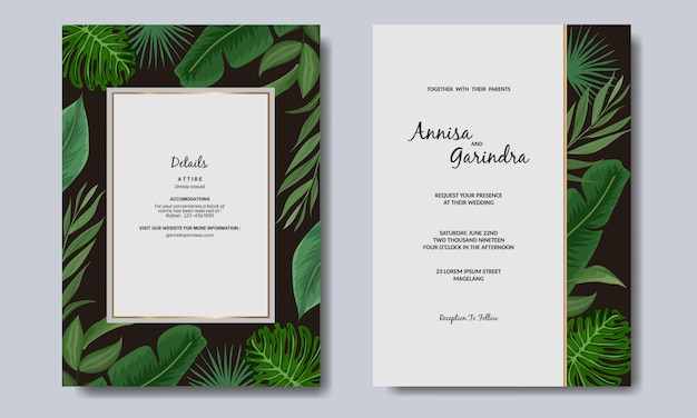 Il modello della carta dell'invito di nozze ha messo con la decorazione tropicale delle foglie