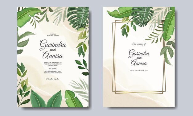 Il modello della carta dell'invito di nozze ha messo con la decorazione tropicale delle foglie