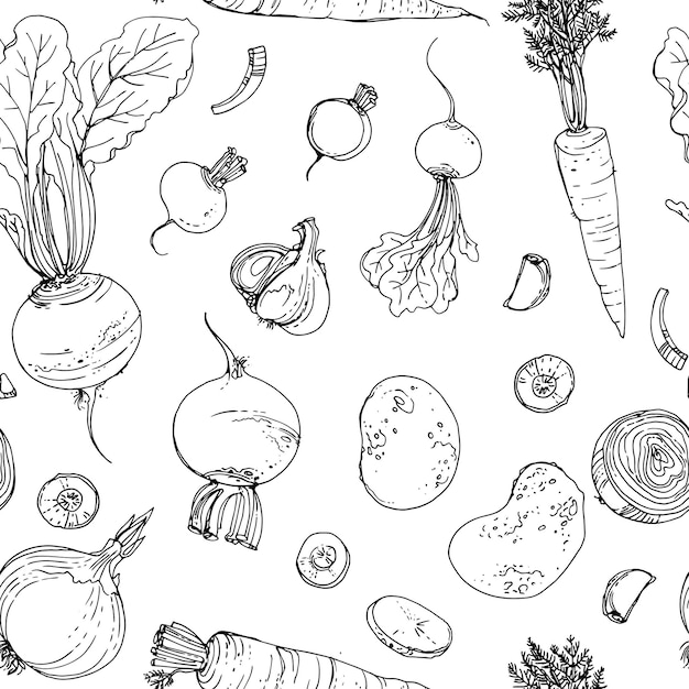Il modello della linea di verdure colorate dipinte disegnata su uno sfondo bianco Skertch raccolto autunnale Cibo fresco
