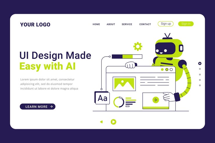 Vettore il modello di pagina di destinazione di ai design generator robot ai che crea l'illustrazione del design ui e ux