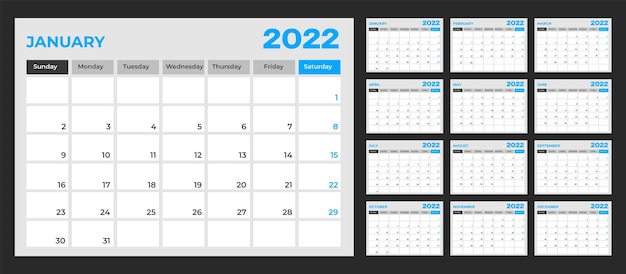 Il modello di progettazione del calendario del pianificatore aziendale 2022 imposta l'inizio della settimana di domenica