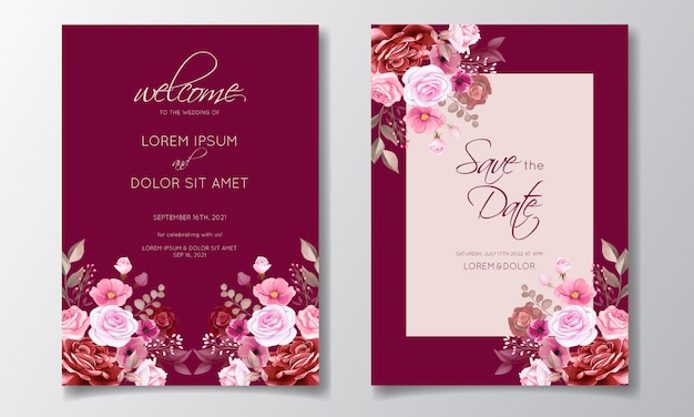 Il modello marrone rossiccio romantico della carta dell'invito ha messo con i fiori e le foglie rosa dell'universo
