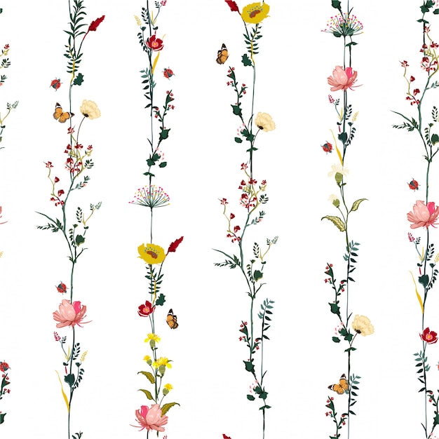 Il modello senza cuciture botanico del fiore del giardino di fila verticale della banda nella progettazione alla moda dell&#39;illustrazione di vettore per modo, tessuto, web, carta da parati e tutte stampa
