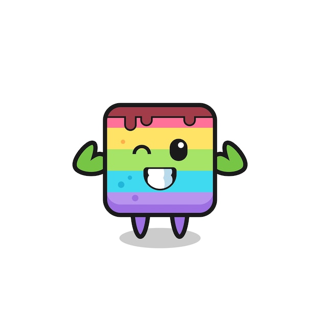 Il muscoloso personaggio della torta arcobaleno è in posa mostrando i suoi muscoli, un design in stile carino per maglietta, adesivo, elemento logo