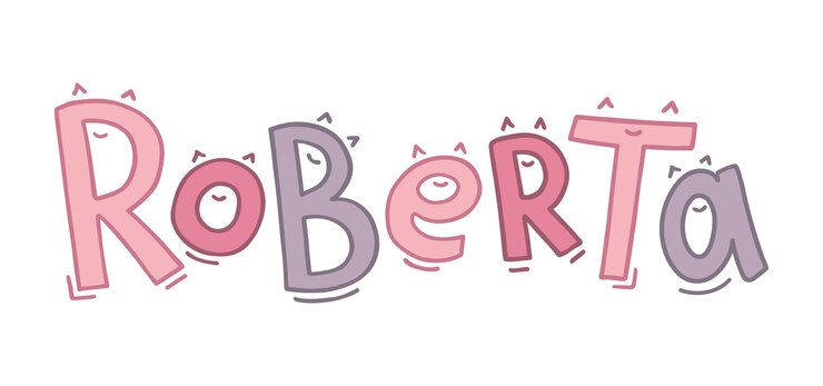 Vettore il nome della bambina roberta è scritto a mano con lettere divertenti con occhi o orecchie e un sorriso.