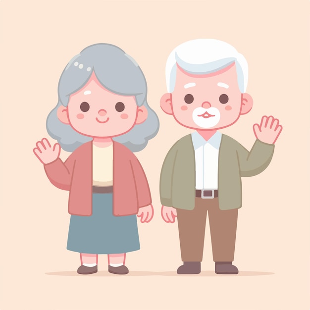 Il nonno e la nonna stanno esprimendo il loro saluto in uno stile semplice e piatto.