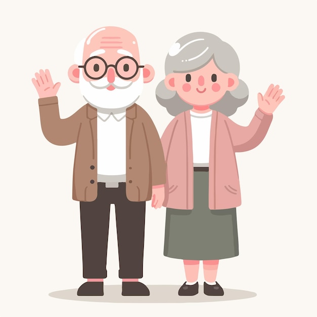 Il nonno e la nonna stanno esprimendo il loro saluto in uno stile semplice e piatto.