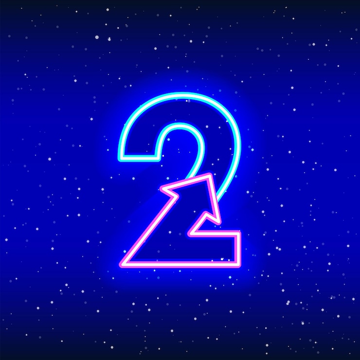 Vettore il numero 2 e il segno della freccia in colore blu neon e rosa il numero con la freccia due delle stelle spaziali