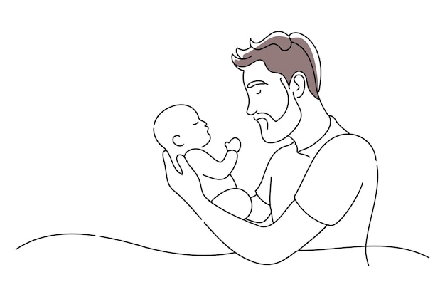 il padre più anziano lenisce il bambino scarabocchiare l'illustrazione vettoriale di linea continua