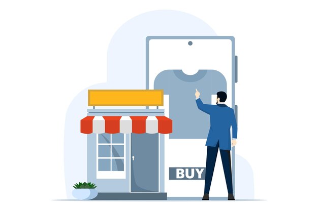 il personaggio acquista merci su un'applicazione mobile in un negozio online e paga l'acquisto