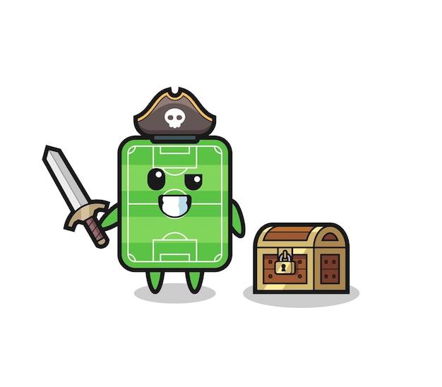 Il personaggio dei pirati del campo da calcio che tiene la spada accanto a una scatola del tesoro, design in stile carino per maglietta, adesivo, elemento logo
