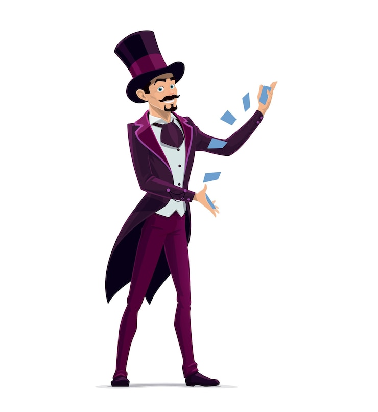 Vettore il personaggio dell'illusionista del circo esegue trucchi con le carte