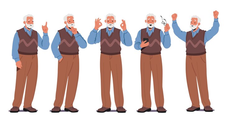 Vettore il personaggio dell'uomo anziano mostra una gamma di emozioni, saggezza, gioia, resilienza, contentezza, contemplazione