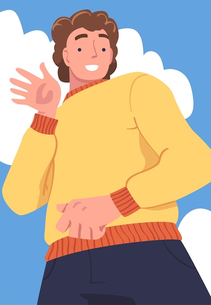 Il personaggio dell'uomo in piedi che guarda dall'alto sorride amichevolmente e agita la mano illustrazione vettoriale