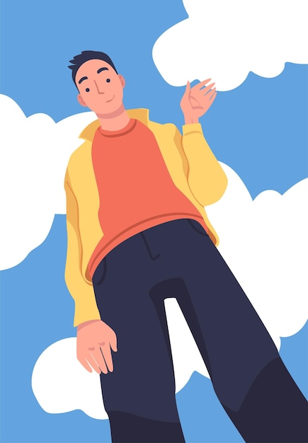 Il personaggio dell'uomo in piedi che guarda dall'alto sorride amichevolmente e agita la mano illustrazione vettoriale