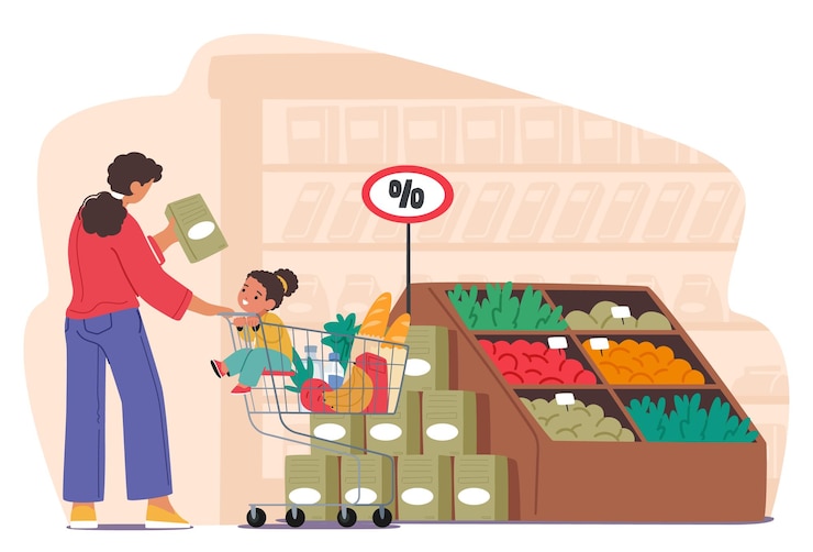 Vettore il personaggio della madre e sua figlia seduti in un carrello della spesa mentre percorrono le corsie di un vivace supermercato facendo la spesa una giocosa gita in famiglia cartoon people vector illustration
