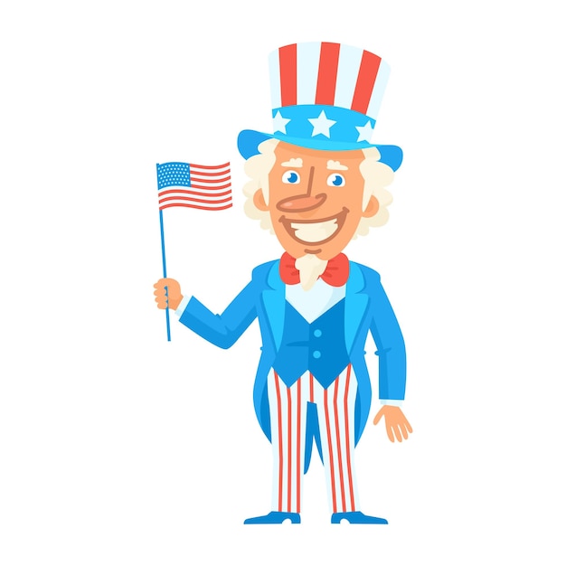 Il personaggio dello zio Sam tiene la bandiera americana e sorride