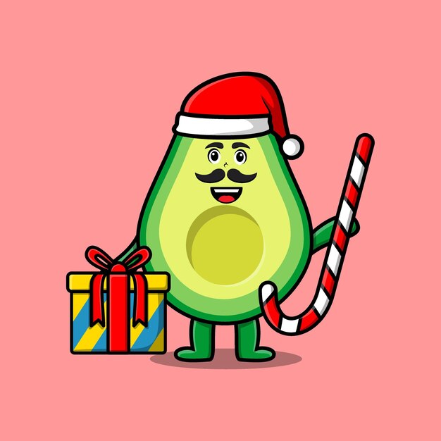 Il personaggio di Babbo Natale dell'avocado del fumetto sveglio sta portando l'illustrazione di natale del bastoncino di zucchero e delle scatole
