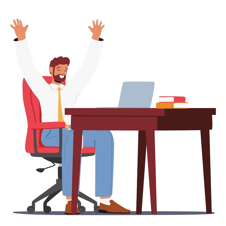 Vettore il personaggio estatico dell'uomo d'affari celebra il successo seduto alla scrivania vicino al computer portatile che simboleggia il successo dell'innovazione e della prosperità nel mondo aziendale cartoon people vector illustration