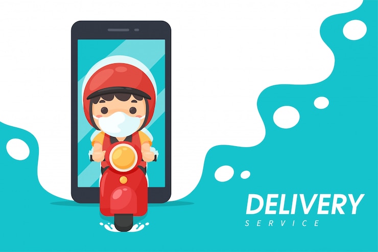 Vettore il personale addetto alla consegna di cibo guida le motociclette dai telefoni cellulari. fornire prodotti ai clienti idee per ordinare cibo online