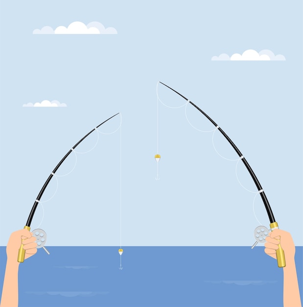 Il pescatore tiene la canna da pesca con il mulinello in mano, canne da spinning. illustrazione.