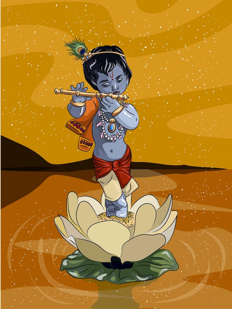 Vettore il piccolo dio krishna suona il flauto in natura vicino a un lago e si trova su un giglio d'acqua