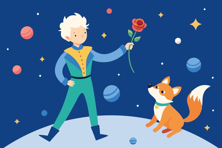 Vettore il piccolo principe con una rosa e un'affascinante volpe seduto nelle vicinanze su un fantastico pianeta interstellare
