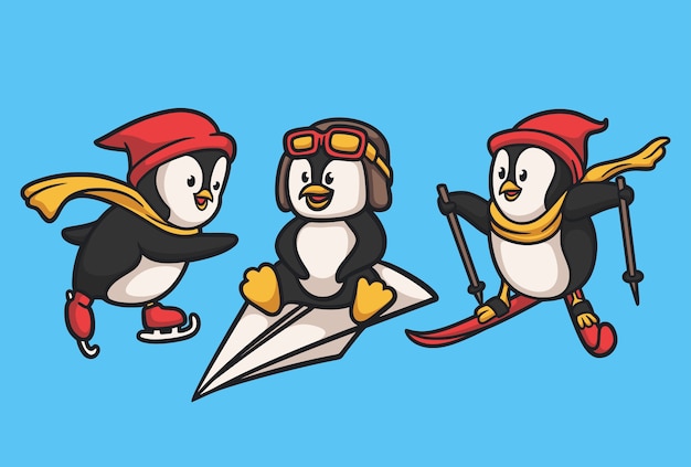 Il pinguino sta facendo snowboard e si imbarca su un pacchetto di illustrazione della mascotte del logo animale dell'aeroplano di carta