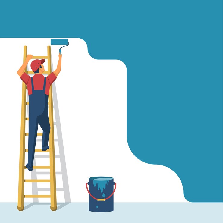 Il pittore in piedi sulla scala dipinge il muro. L'uomo tiene in mano il rullo di vernice. Stile di design piatto illustrazione vettoriale. Corse umane per fornire lavori di costruzione. Assistenza clienti. Operaio in divisa.