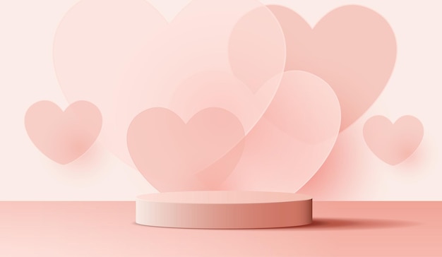 Il podio rosa mostra i prodotti di sfondo per il giorno di San Valentino nello stand della piattaforma dell'amore per mostrare cosmetici con simboli di amore in stile artigianale per il disegno vettoriale felice
