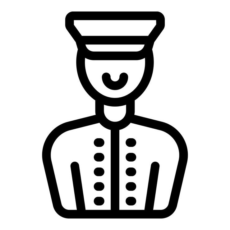 Vettore il portiere sorridente che indossa l'uniforme e il cappello ti saluta.