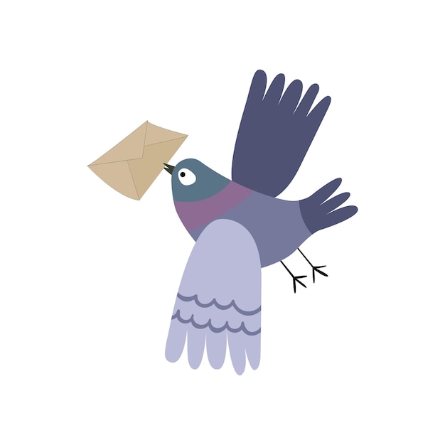Il postino del piccione grigio vola con una posta. L'uccello consegna le lettere. Posta di piccione.
