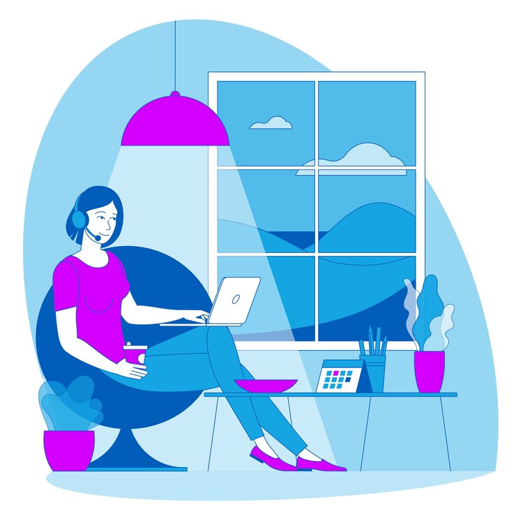Il posto migliore per il lavoro a distanza. La giovane donna sta lavorando in outsourcing. lat design illustrazione, pronto per il concetto di animazione per sito web, presentazione, app mobile.
