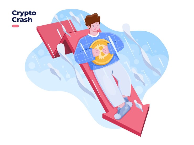 Vettore il prezzo della criptovaluta diminuisce o l'illustrazione del crollo del prezzo il valore della criptovaluta si abbassa con la freccia rossa