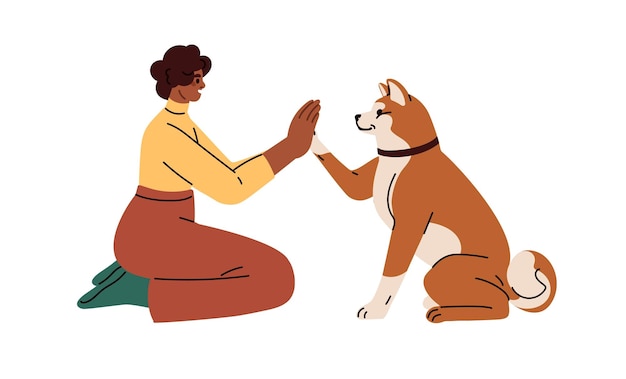 Il proprietario del cane addestra un cagnolino carino e intelligente per dare cinque zampe alte applaudendo la mano Comunicazione umana e ubbidiente animale domestico concetto di amicizia Illustrazione vettoriale grafica piatta isolata su sfondo bianco