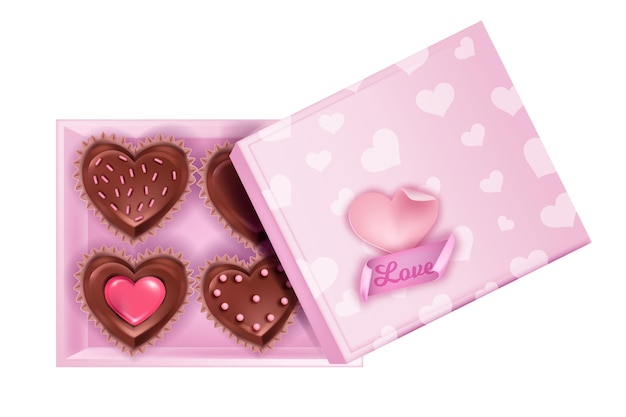 Il quadrato di San Valentino ha aperto il layout della scatola di caramelle al cioccolato con dolci a forma di cuore, torte, coperchio. Illustrazione di sorpresa romantica di febbraio di festa con cupcakes, dessert, adesivo di amore. Scatola di caramelle rosa