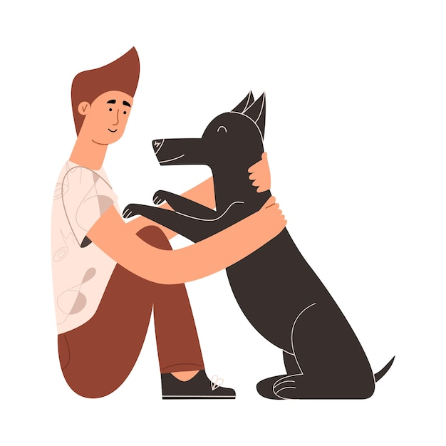 Il ragazzo abbraccia il suo cane Il concetto di supporto emotivo per gli animali Terapia mentale positiva Illustrazione vettoriale