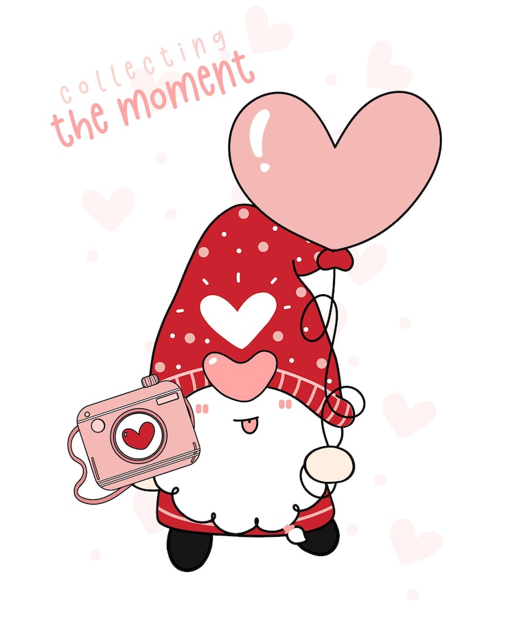 Vettore il ragazzo carino e felice dello gnomo di san valentino ha palloncini a forma di cuore e fotocamera, che raccolgono il momento, vettore piatto del contorno del disegno del fumetto